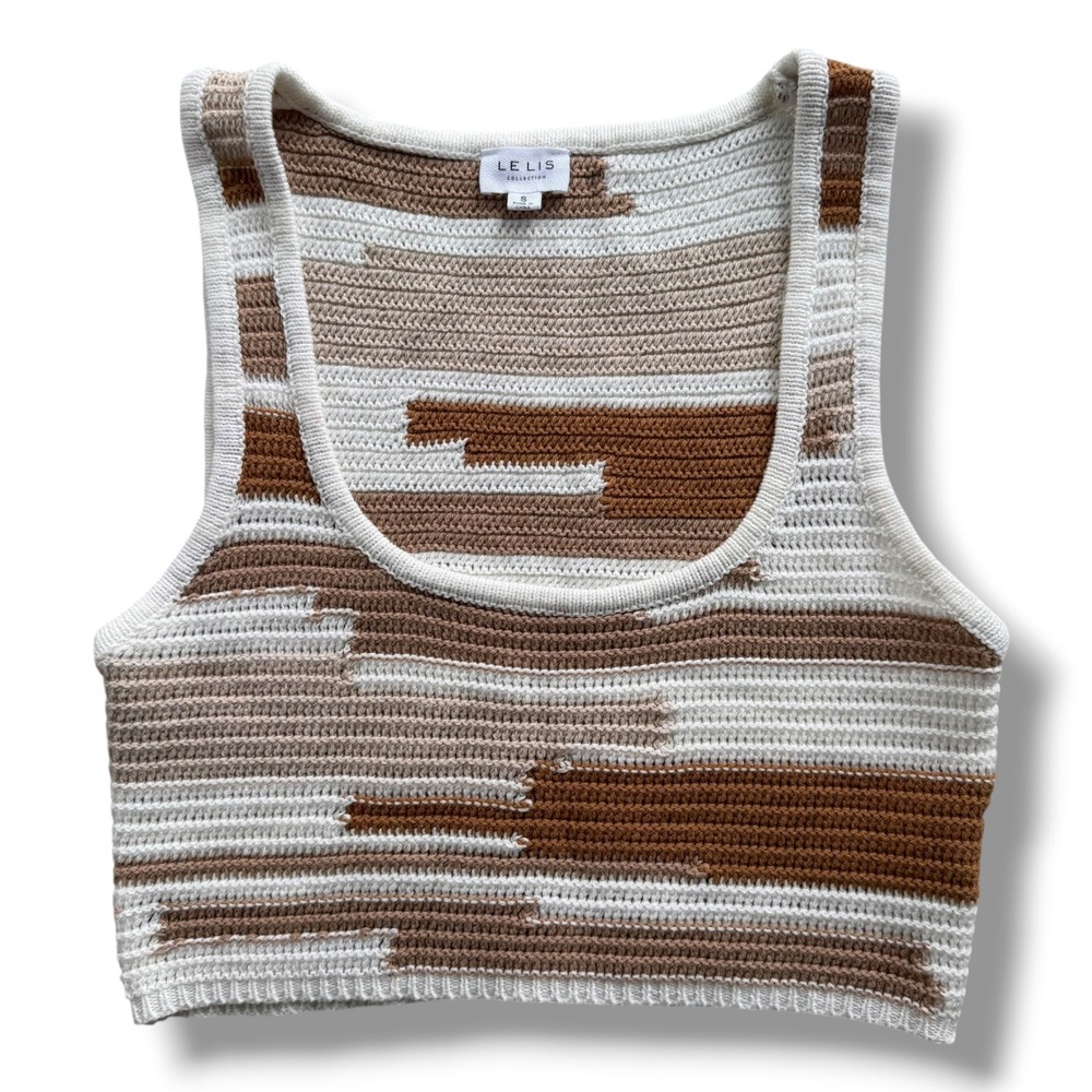 Le Lis Collection Women's S Tan Brown Abstract Stripe Crochet Knit Crop Tank Top